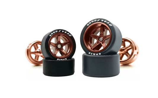 Bronze staggered 5 spoke wheel/tire set