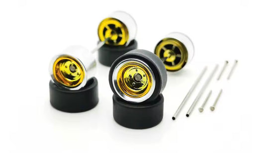 Chrome lip with Gold smoothie, Alloy wheel set with black wall tires and axle kit