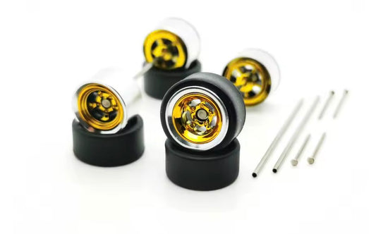 Chrome lip with Gold 5 spoke/slots, Alloy wheel set with black wall tires and axle kit