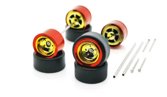 Red Chrome lip with Gold smoothie, Alloy wheel set with black wall tires and axle kit