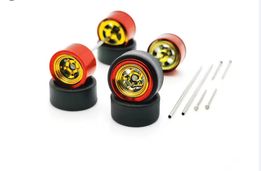 Red Chrome lip with Gold 5 spoke/slots Alloy wheel set with black wall tires and axle kit