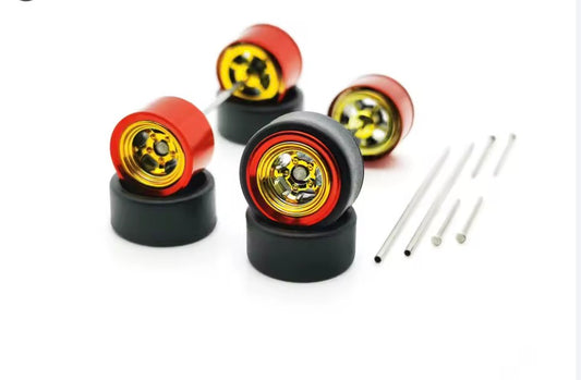 Red Chrome lip with Gold 5 spoke/slots Alloy wheel set with black wall tires and axle kit