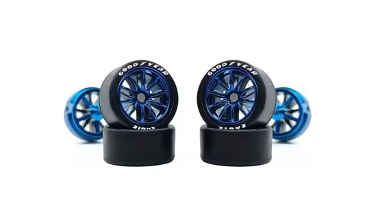 Blue Chrome spoked wheel set with white letter tires