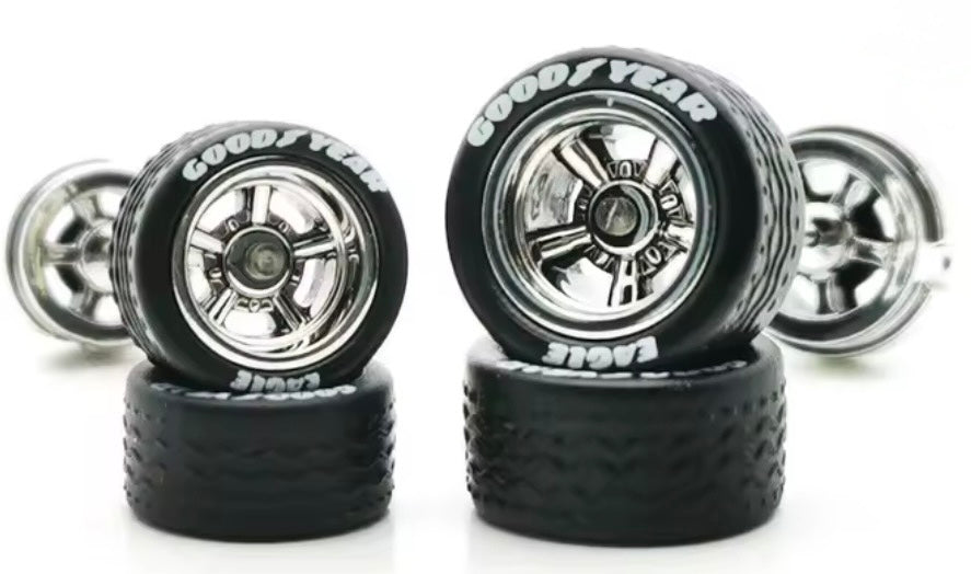 Chrome Cragar style staggered wheel set with white letter tires.