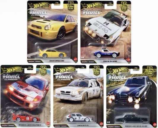 A set of five Hot Wheels Thrill Classic die-cast toy cars in their original blister packaging, featuring various classic car models including a yellow Subaru, a white race car, a blue sports car, a red race car, and a black classic sedan.